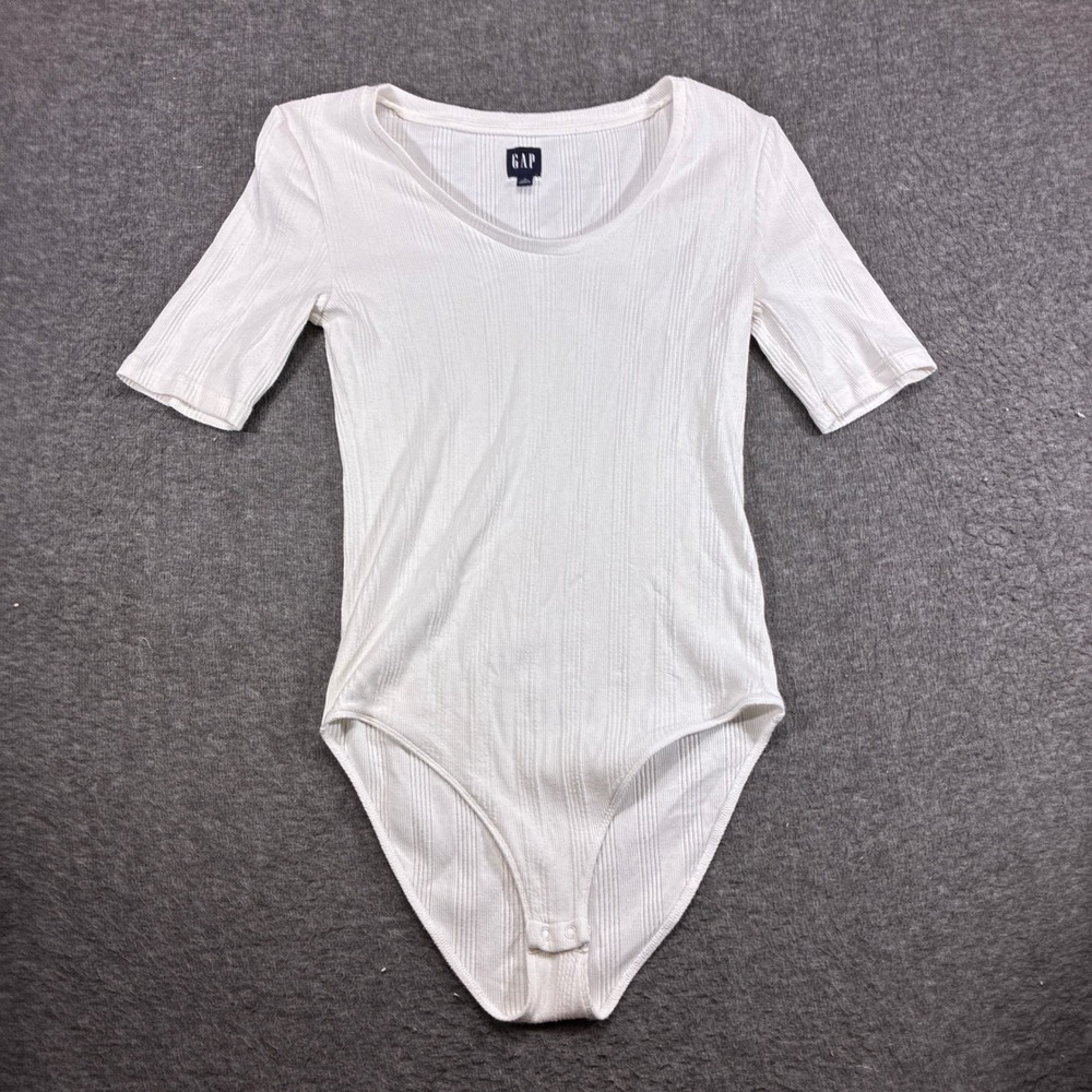 Gap Bodysuit Womens Medium Tall White Ribbed Short Sleeve Scoop Neck